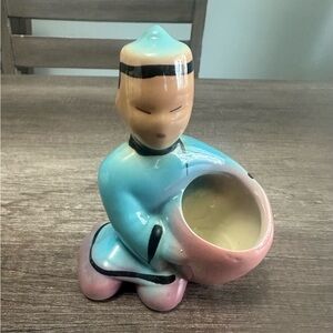 Planter Vintage Mid Century Blue Pink Pottery Asian Boy With Basket 5.5" Tall